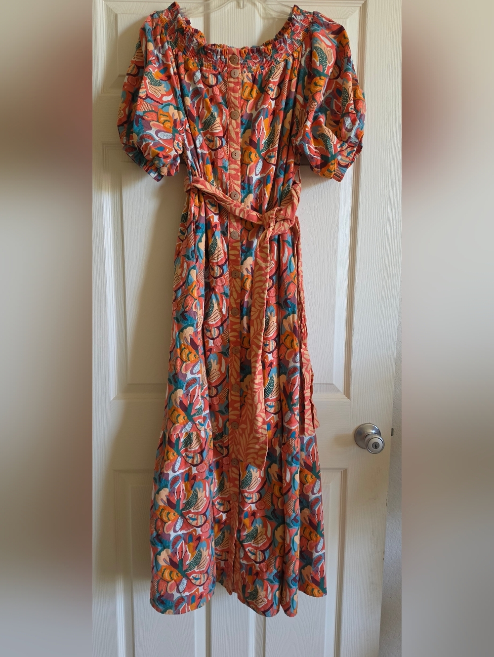 Aura Coral Good Flows To Me  Floral Maxi Dress with Puff Sleeves Size L